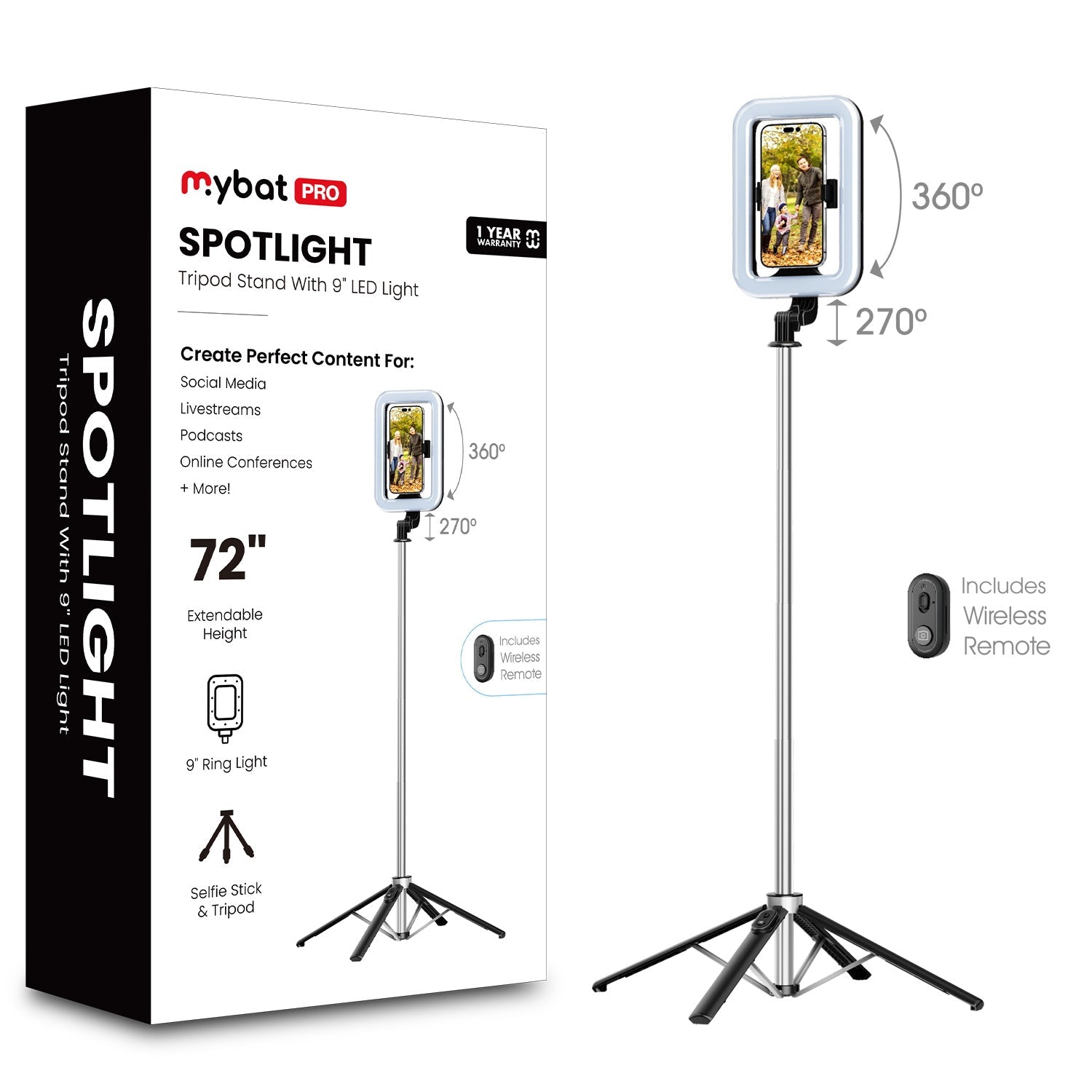 MyBat Pro Spotlight Tripod Stainless Steel Stand with LED Light - Silver