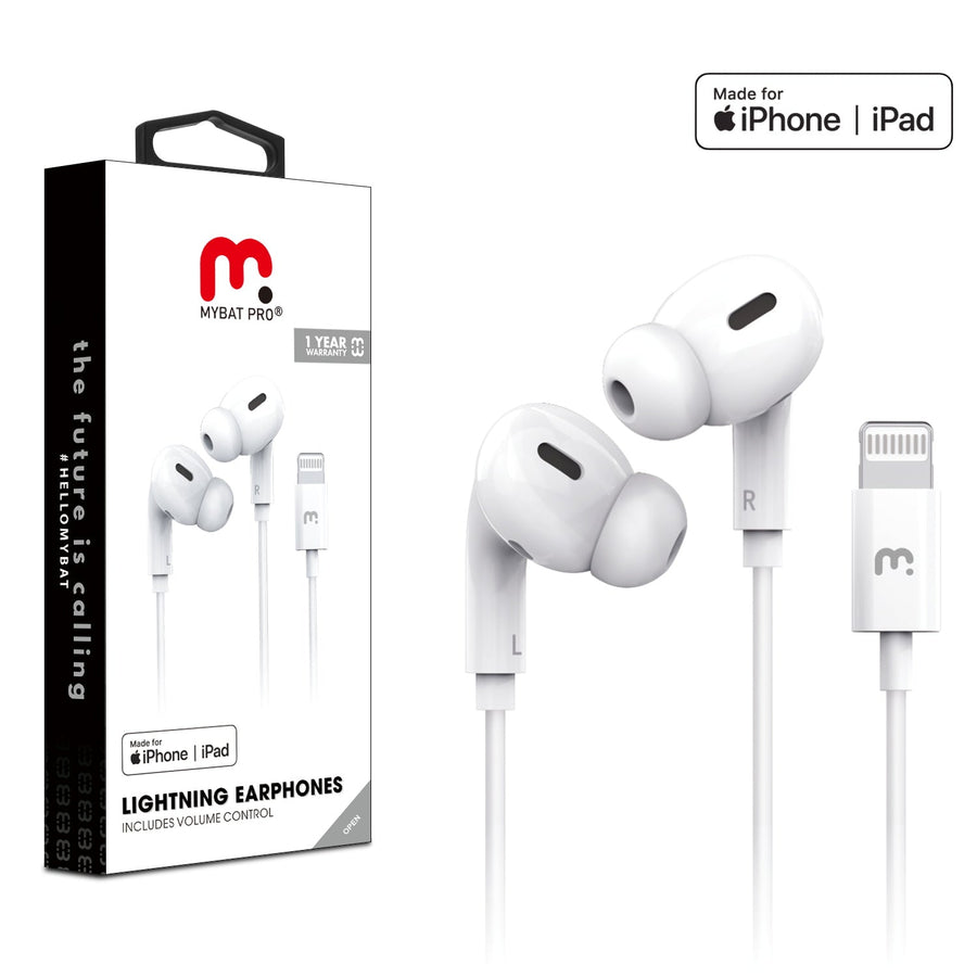 MyBat Pro Mfi Lightning Earphones includes Volume Control - White