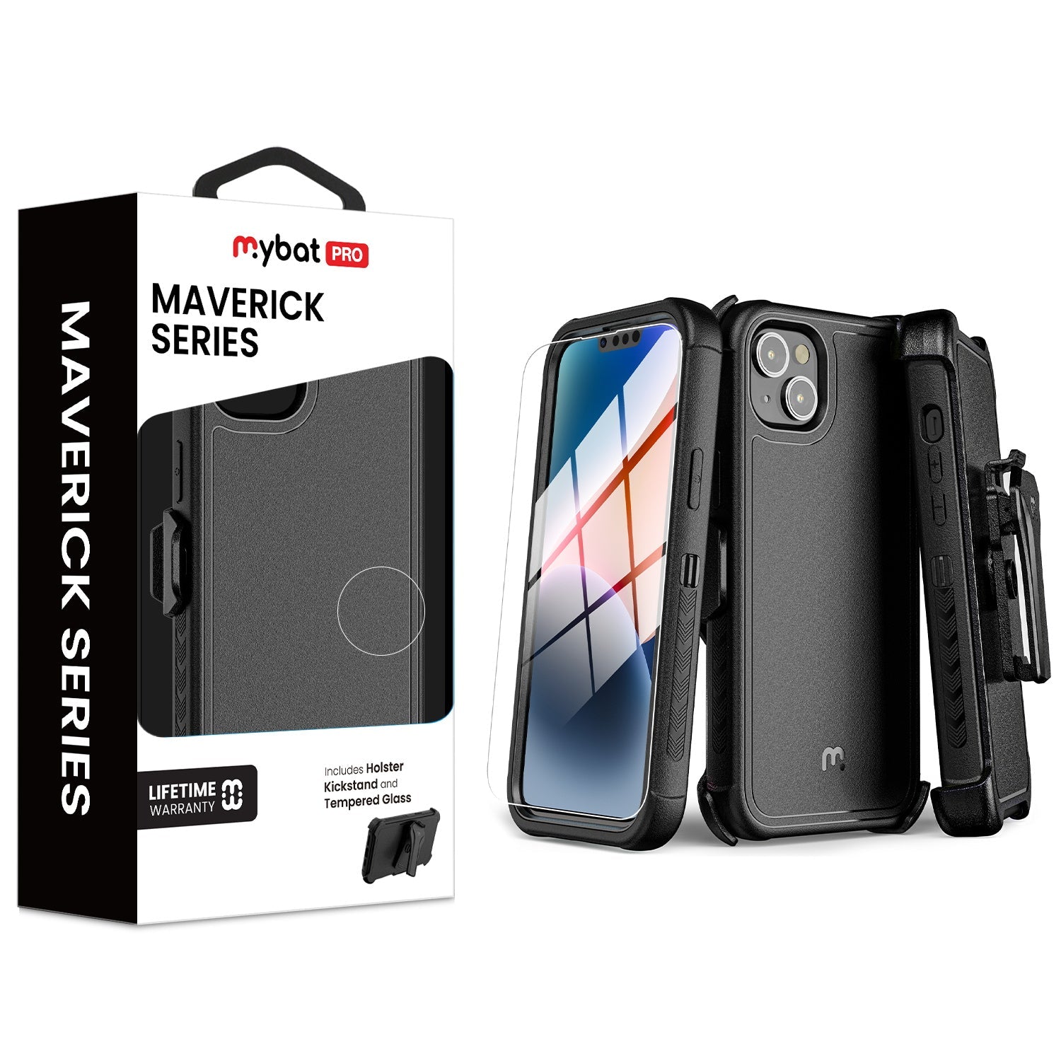 MyBat Pro Maverick Series Case w/ Holster and Tempered Glass for Apple iPhone 17e / 16e / 14 / 13 - Black