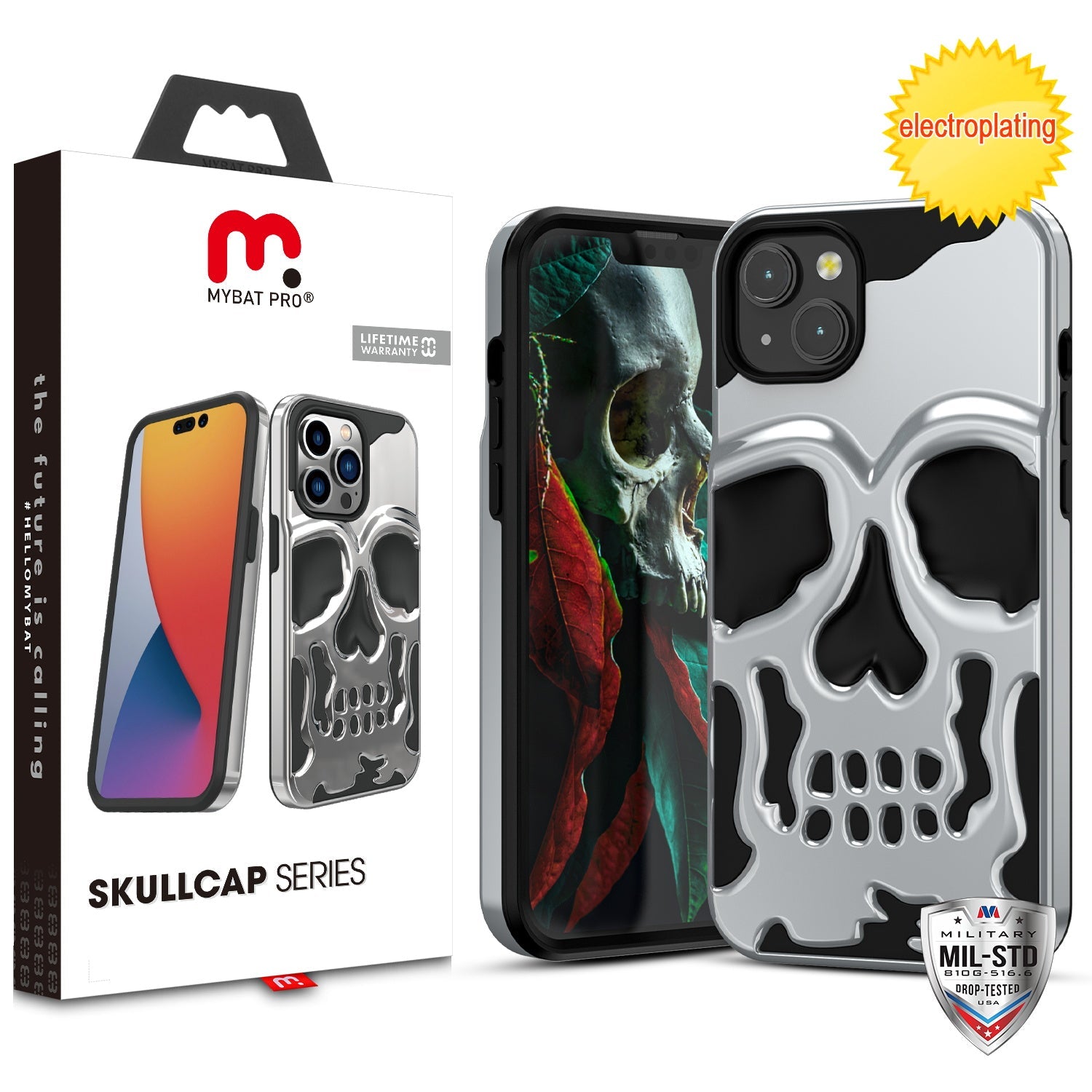 MyBat Pro Skullcap Hybrid Protector Cover for Apple iPhone 14 Plus - Silver Plating / Black