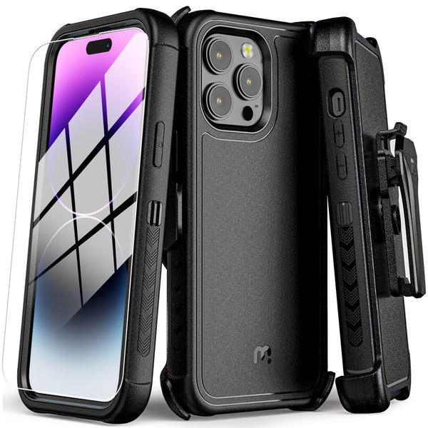 MyBat Pro Antimicrobial Maverick Series Case with Holster and Tempered Glass for Apple iPhone 14 Pro - Black / Black - RIP14PCS3NXS001-1.JPG