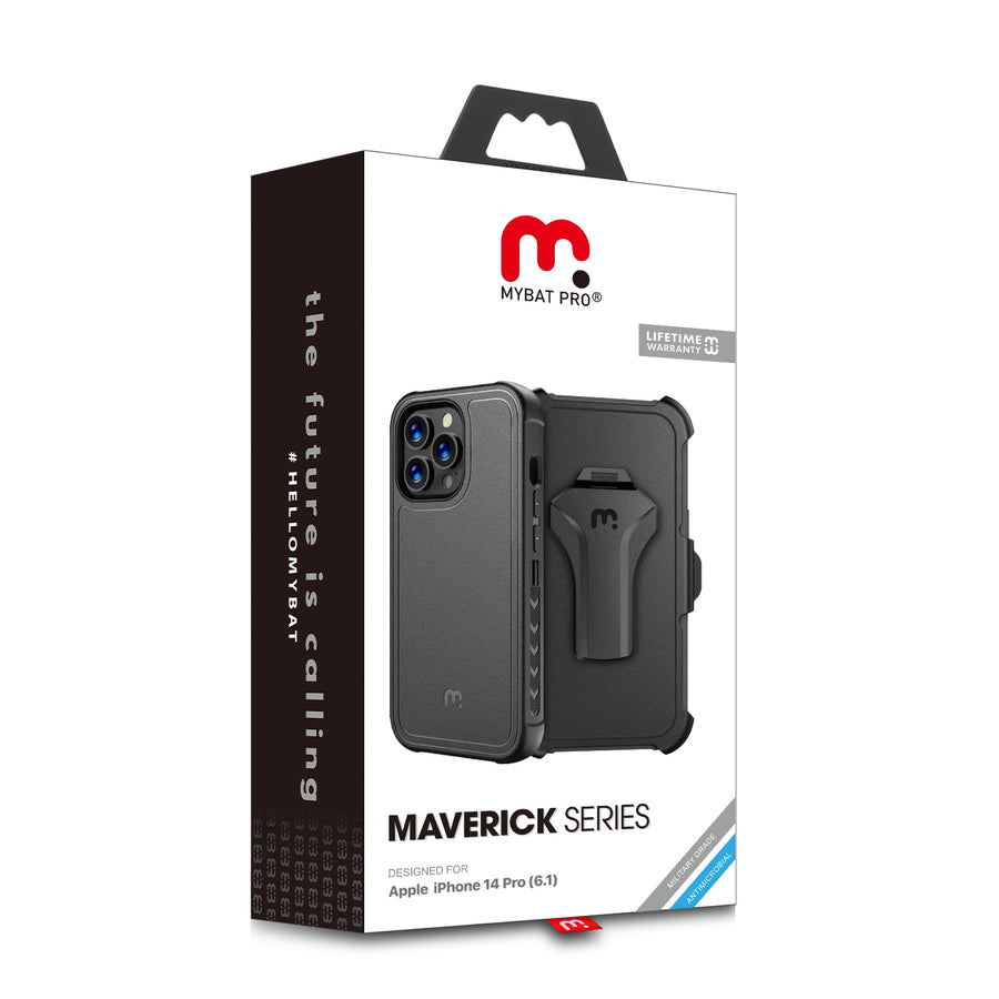 MyBat Pro Antimicrobial Maverick Series Case with Holster and Tempered Glass for Apple iPhone 14 Pro - Black / Black - RIP14PCS3NXS001-20.JPG