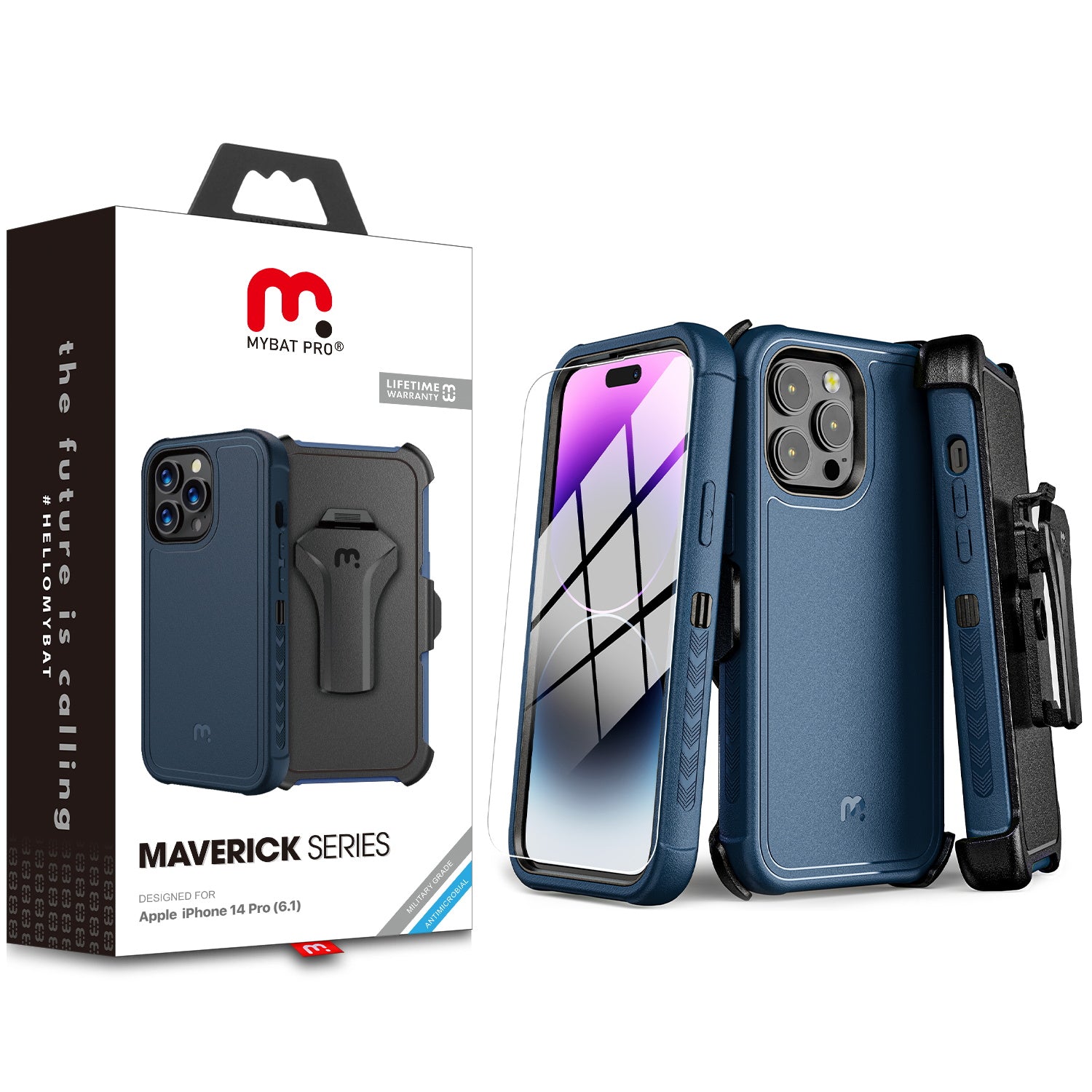 MyBat Pro Maverick Series Case w/ Holster and Tempered Glass for Apple iPhone 14 Pro - Blue