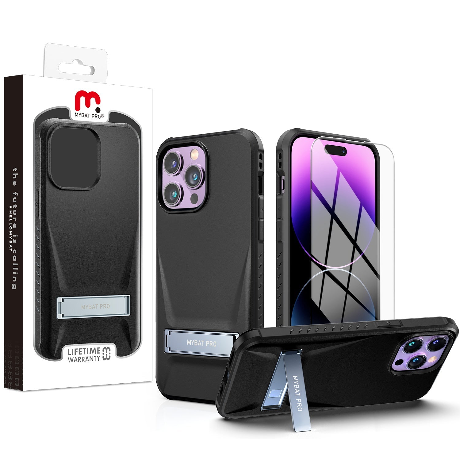 MyBat Pro Beyonder Series Case with Tempered Glass with Kickstand for Apple iPhone 14 Pro - Black