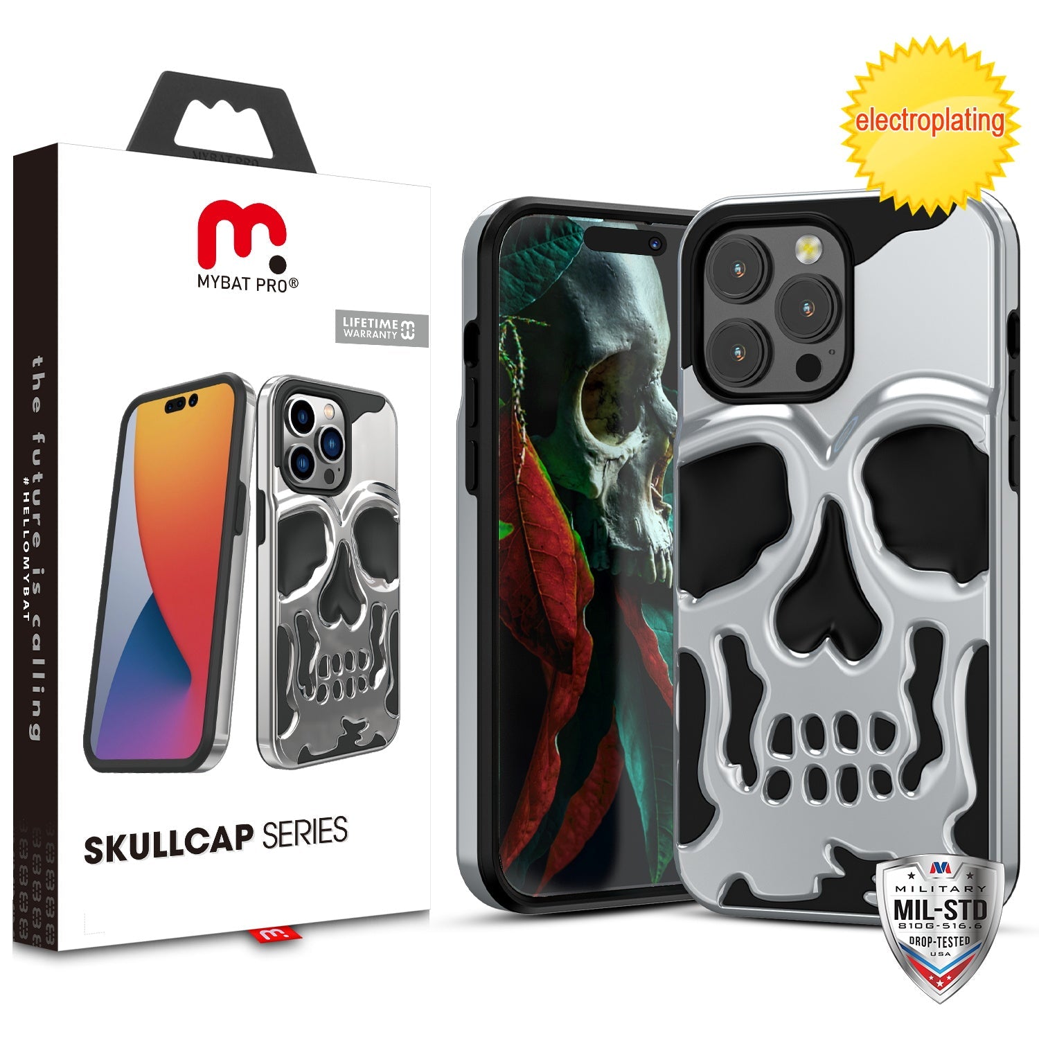 MyBat Pro Skullcap Hybrid Protector Cover for Apple iPhone 14 Pro - Silver Plating / Black