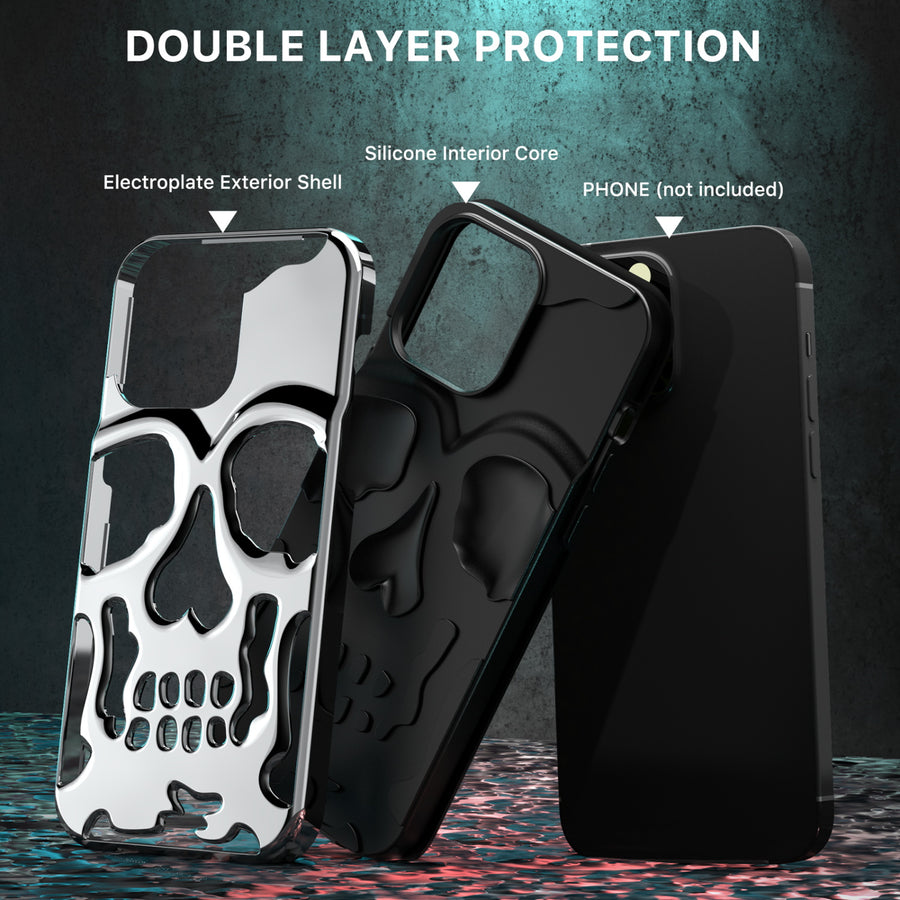 MyBat Pro Skullcap Hybrid Protector Cover for Apple iPhone 14 Pro - Silver Plating / Black - RIP14PCSSLCC101-3.jpg