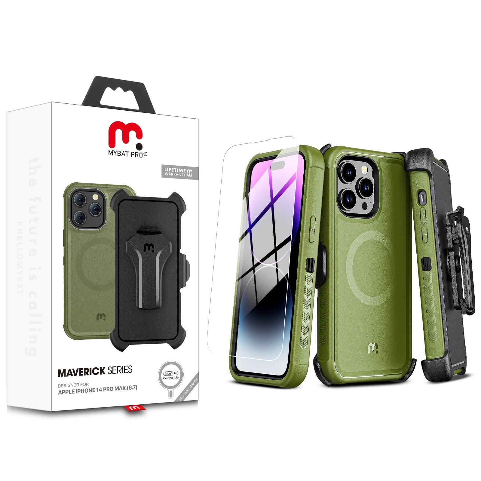MyBat Pro Maverick Series MagSafe Case w/ Holster and Tempered Glass for Apple iPhone 14 Pro Max - Army Green