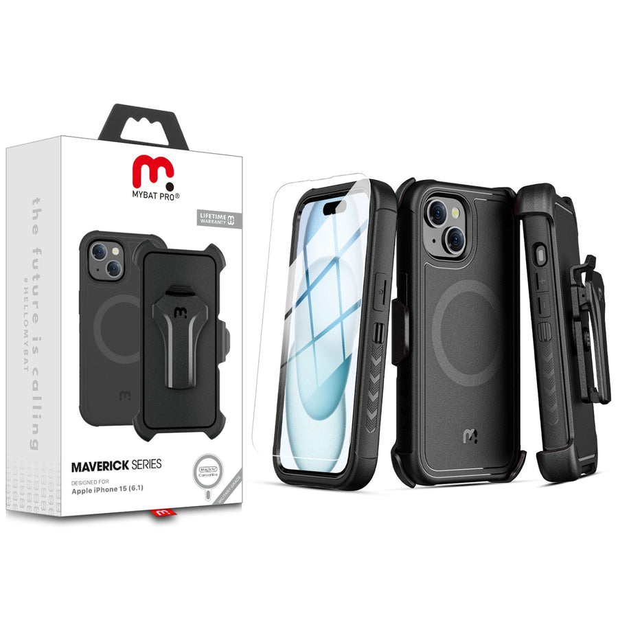 MyBat Pro Maverick Series MagSafe Case w/ Holster and Tempered Glass for Apple iPhone 15 - Black