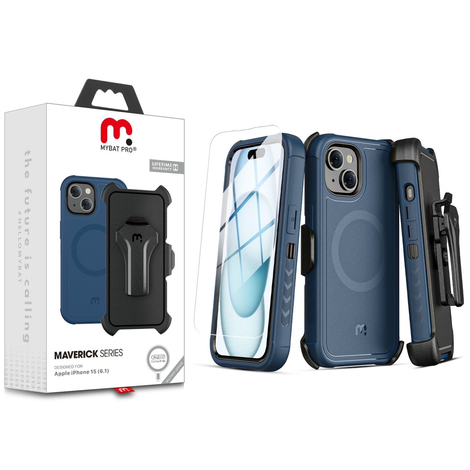 MyBat Pro Maverick Series MagSafe Case w/ Holster and Tempered Glass for Apple iPhone 15 - Blue