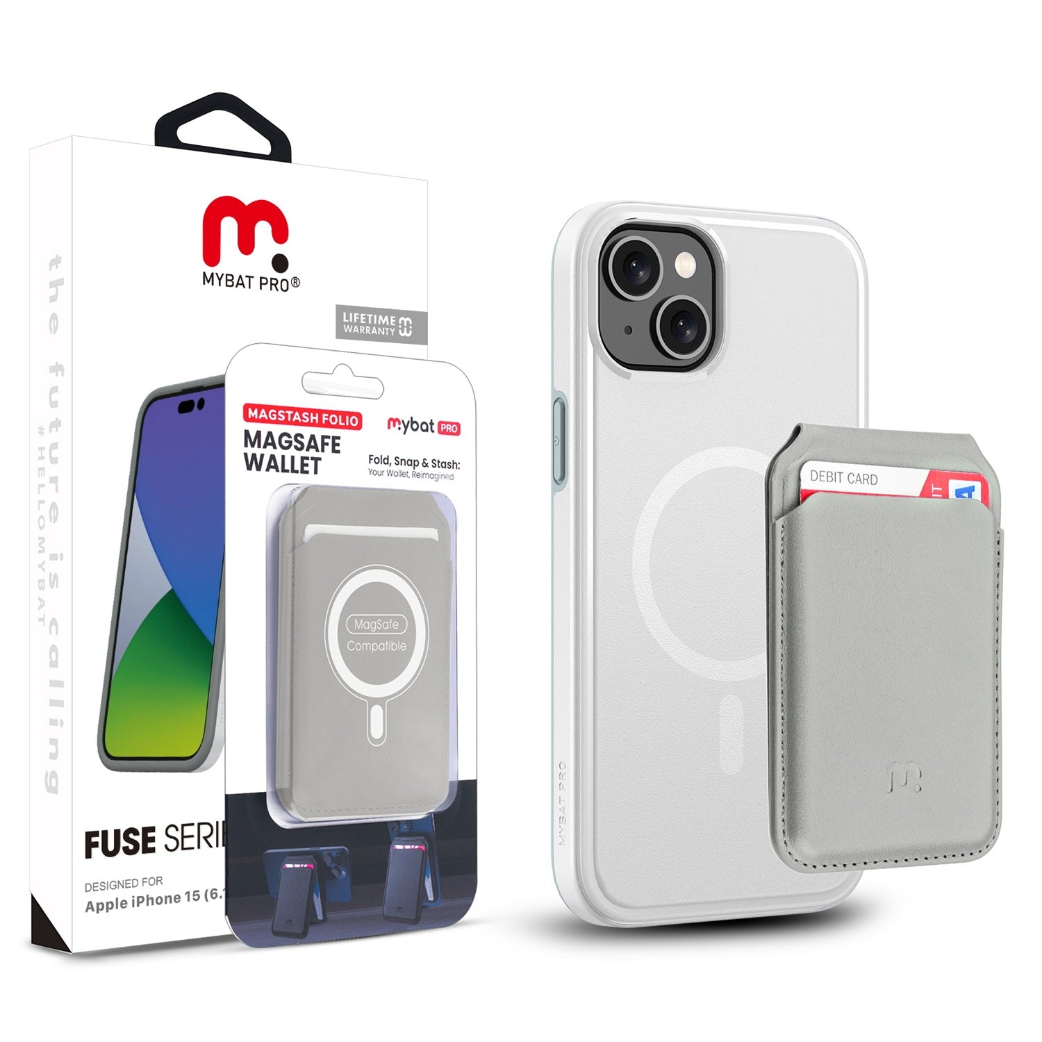 MyBat Pro Fuse Series Case Bundle + MagStash Wallet Folio for Apple iPhone 15 - White  / Gray