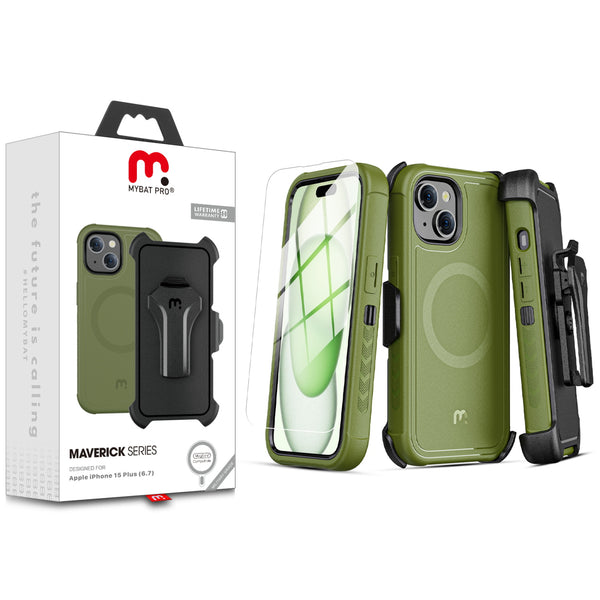 MyBat Pro Maverick Series MagSafe Case w/ Holster and Tempered Glass for Apple iPhone 15 Plus - Army Green - RIP15MCS3NXMS004-1.jpg