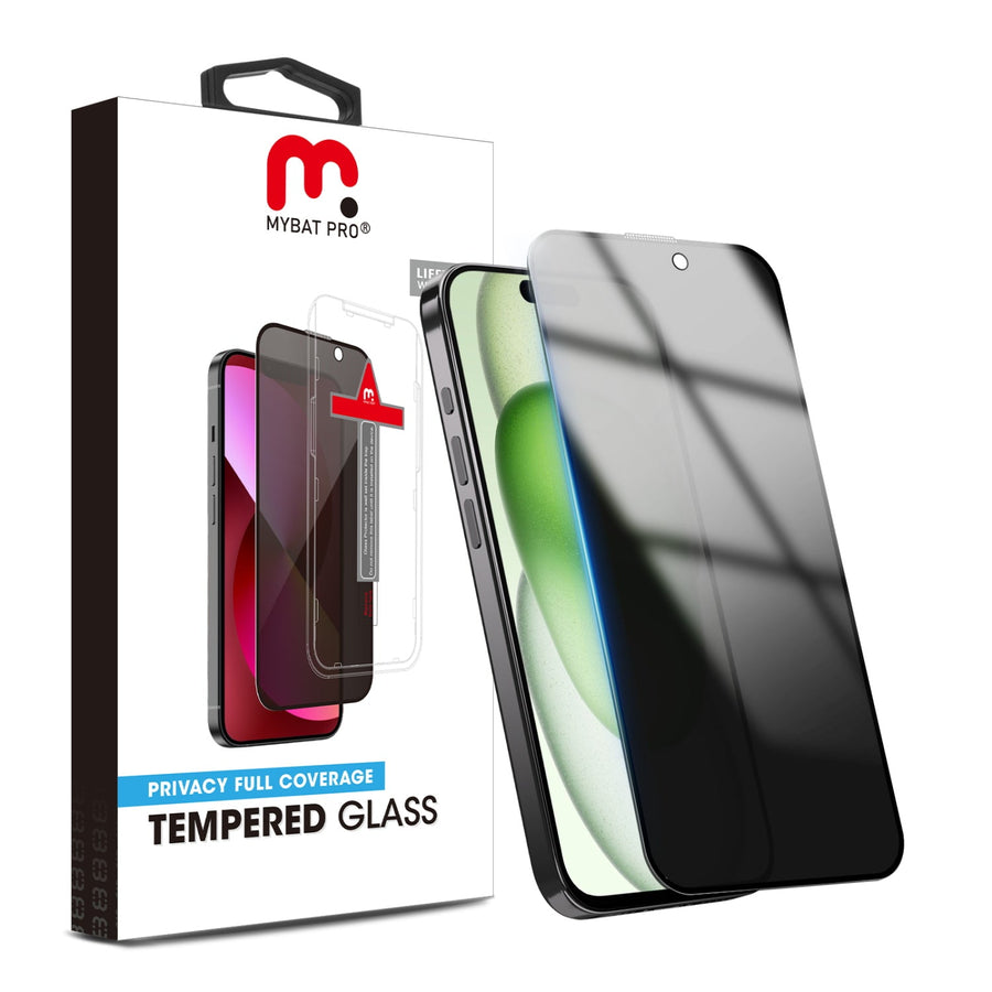 MyBat Pro Privacy Full Coverage Tempered Glass Screen Protector w/ Installation Tray for Apple iPhone 15 Plus - Black