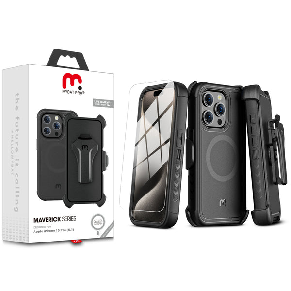 MyBat Pro Maverick Series MagSafe Case w/ Holster and Tempered Glass for Apple iPhone 15 Pro - Black - RIP15PCS3NXMS001-1.jpg