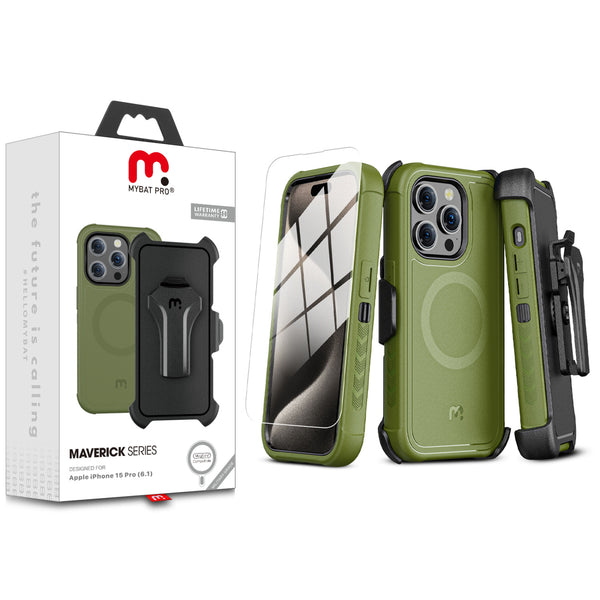 MyBat Pro Maverick Series MagSafe Case w/ Holster and Tempered Glass for Apple iPhone 15 Pro - Army Green - RIP15PCS3NXMS004-1.jpg