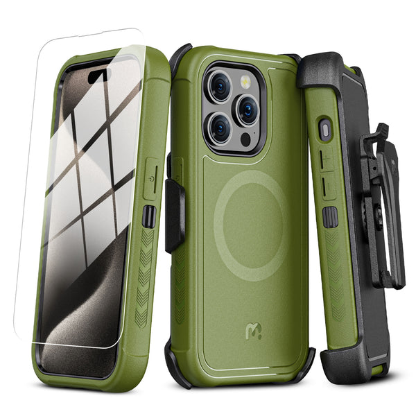 MyBat Pro Maverick Series MagSafe Case w/ Holster and Tempered Glass for Apple iPhone 15 Pro - Army Green - RIP15PCS3NXMS004-2.jpg