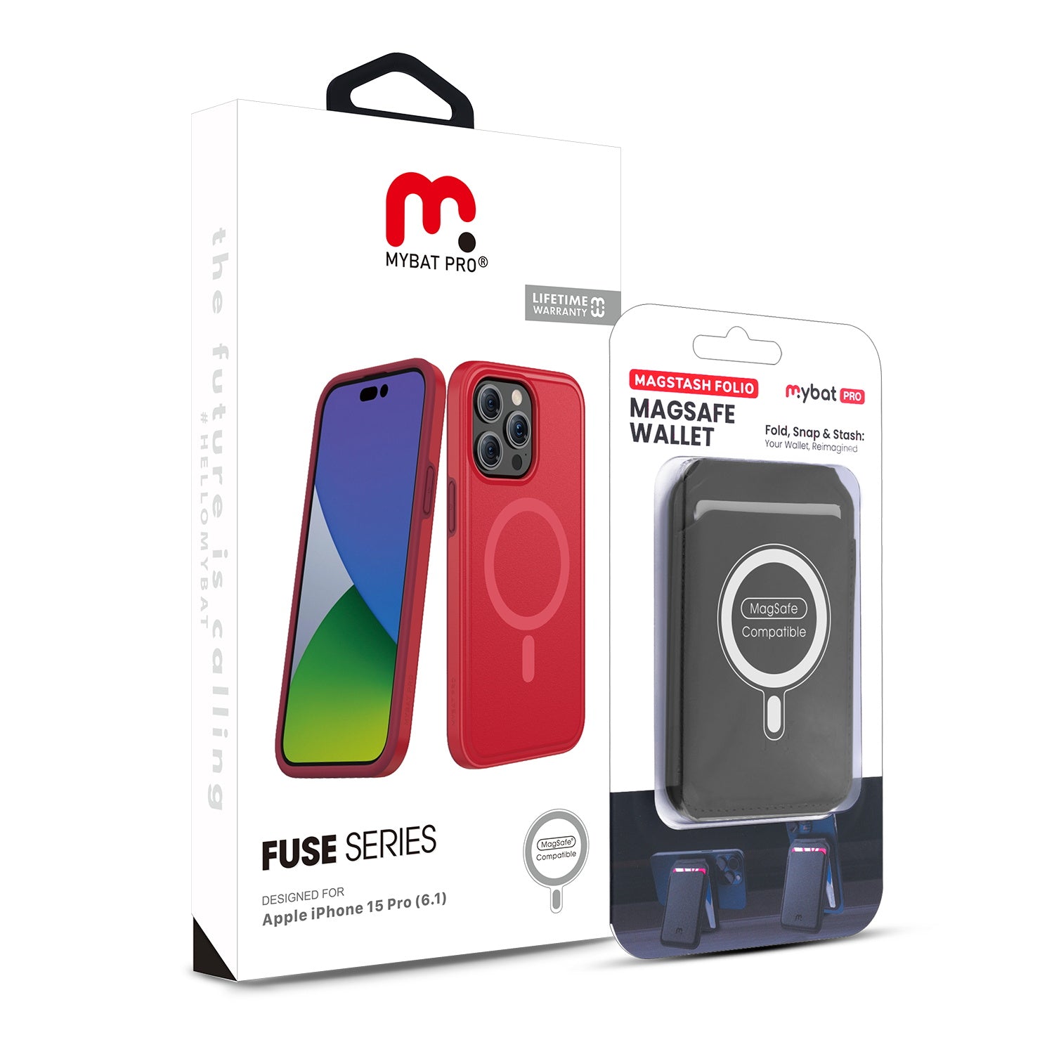 MyBat Pro Fuse Series Case Bundle + MagStash Wallet Folio for Apple iPhone 15 Pro - Red  / Black