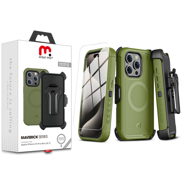 MyBat Pro Maverick Series MagSafe Case w/ Holster and Tempered Glass for Apple iPhone 15 Pro Max - Army Green - RIP15PMCS3NXMS004-1.jpg