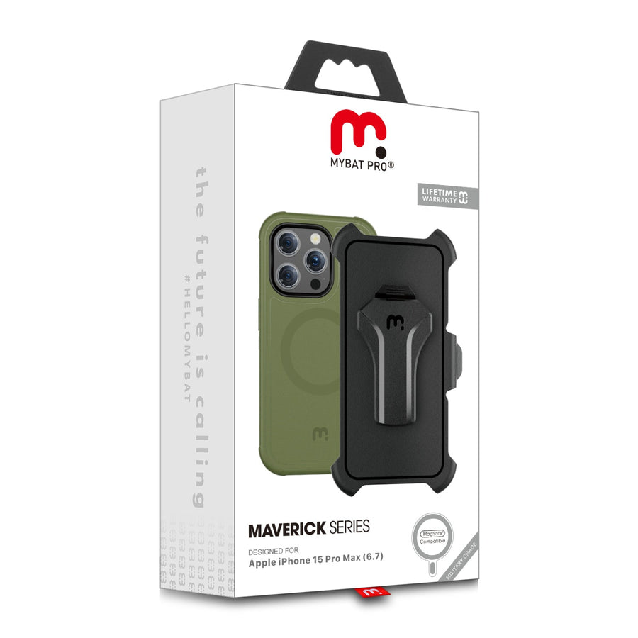 MyBat Pro Maverick Series MagSafe Case w/ Holster and Tempered Glass for Apple iPhone 15 Pro Max - Army Green