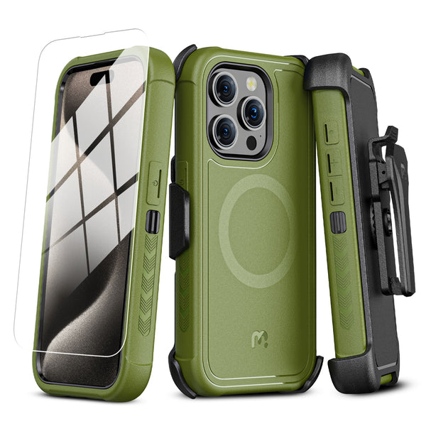 MyBat Pro Maverick Series MagSafe Case w/ Holster and Tempered Glass for Apple iPhone 15 Pro Max - Army Green - RIP15PMCS3NXMS004-2.jpg