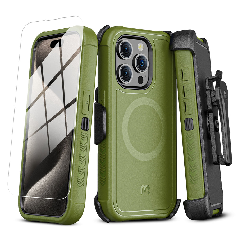 MyBat Pro Maverick Series MagSafe Case w/ Holster and Tempered Glass for Apple iPhone 15 Pro Max - Army Green - RIP15PMCS3NXMS004-2.jpg