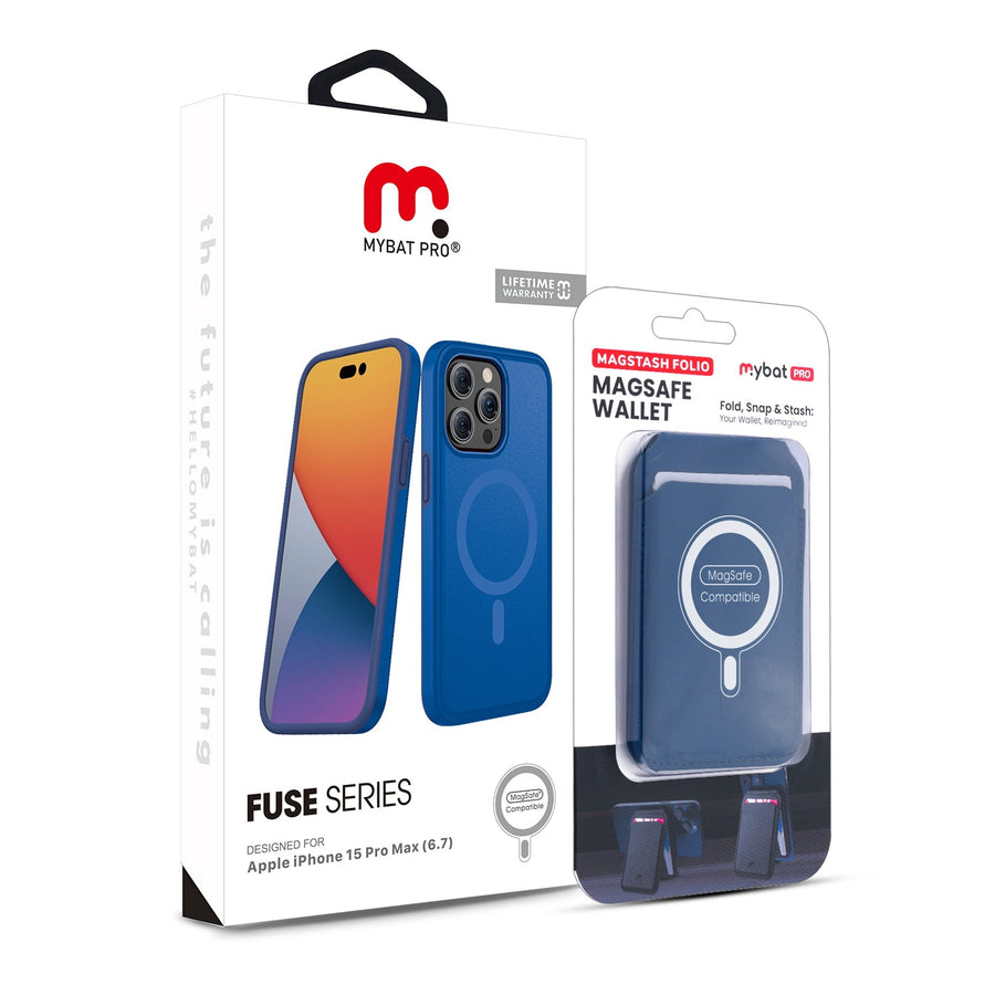MyBat Pro Fuse Series Case Bundle + MagStash Wallet Folio for Apple iPhone 15 Pro Max - Blue