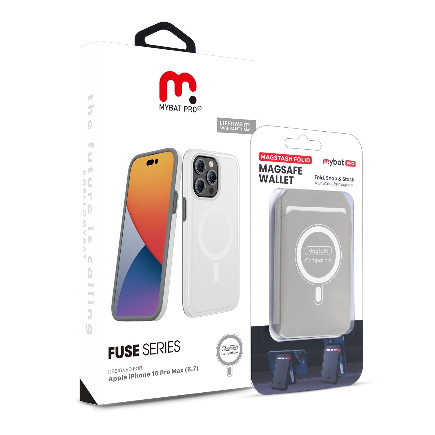 MyBat Pro Fuse Series Case Bundle + MagStash Wallet Folio for Apple iPhone 15 Pro Max - White  / Gray