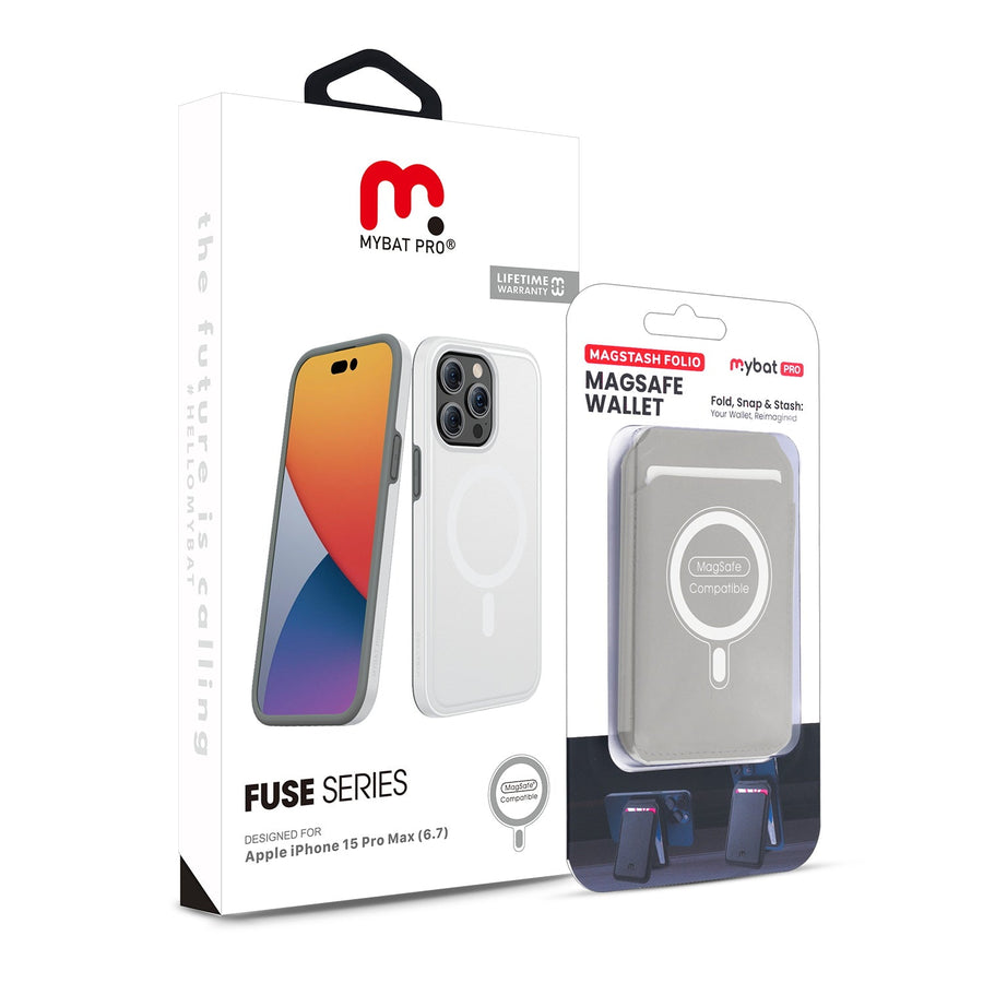 MyBat Pro Fuse Series Case Bundle + MagStash Wallet Folio for Apple iPhone 15 Pro Max - White  / Gray
