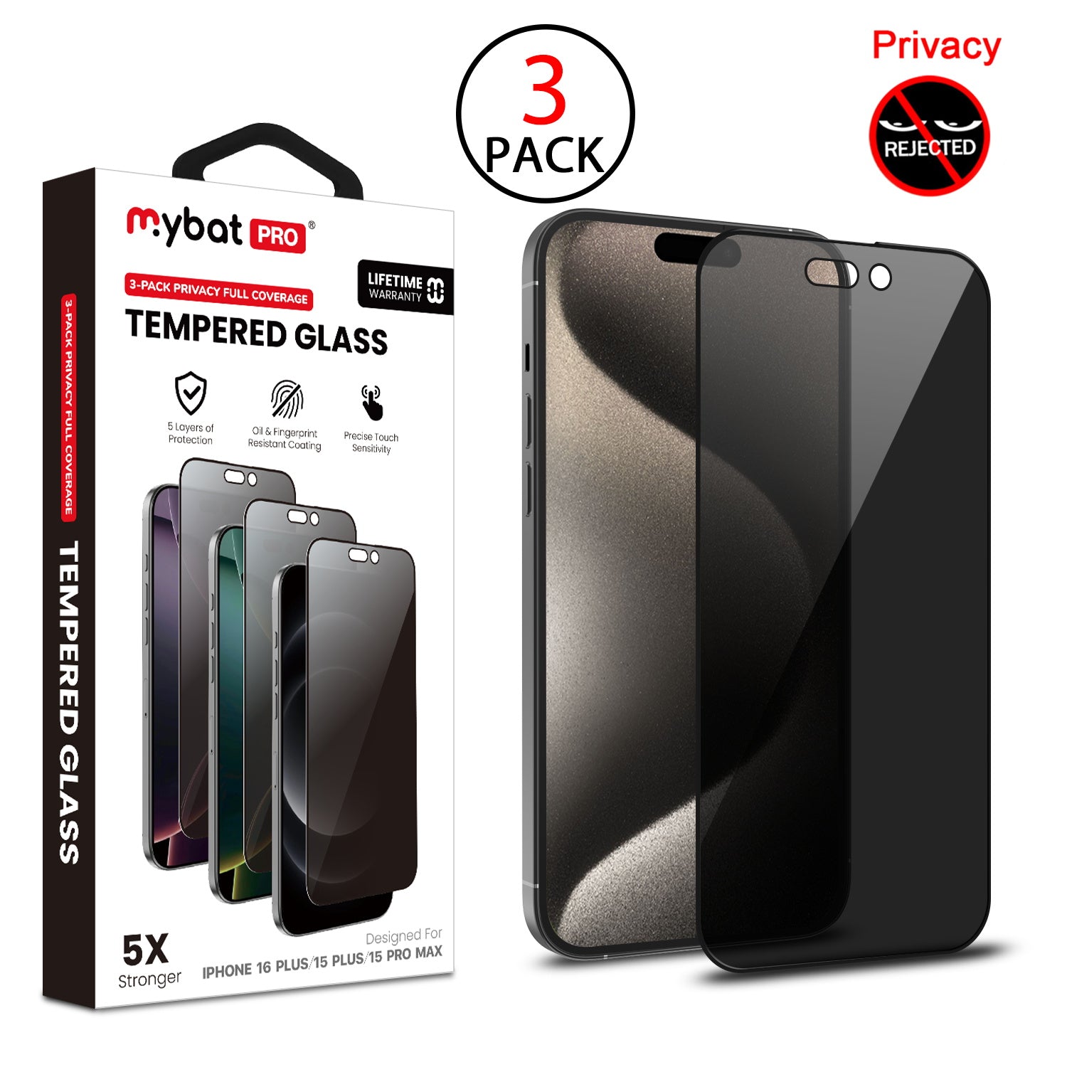 MyBat Pro Privacy Full Coverage Tempered Glass Screen Protector (3-pack) for Apple iPhone 15 Pro Max/iPhone 16 Plus / 15 Plus - Black