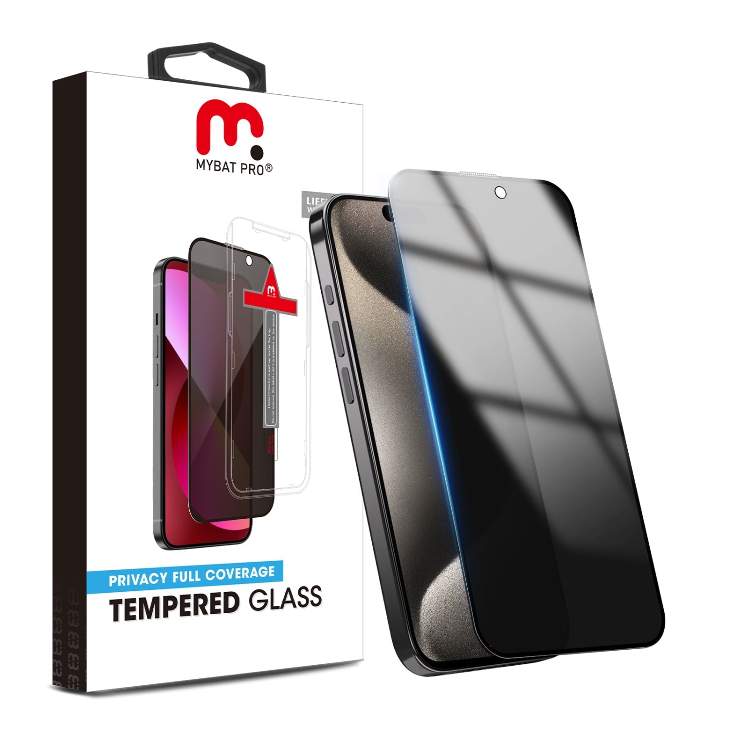 MyBat Pro Privacy Full Coverage Tempered Glass Screen Protector w/ Installation Tray for Apple iPhone 15 Pro - Black