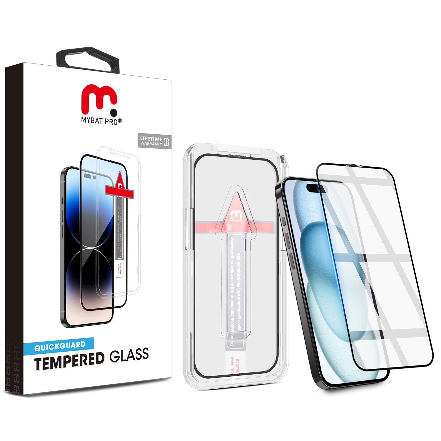 MyBat Pro QuickGuard Tempered Glass Screen Protector w/ Installation Tray for Apple iPhone 15 - Black