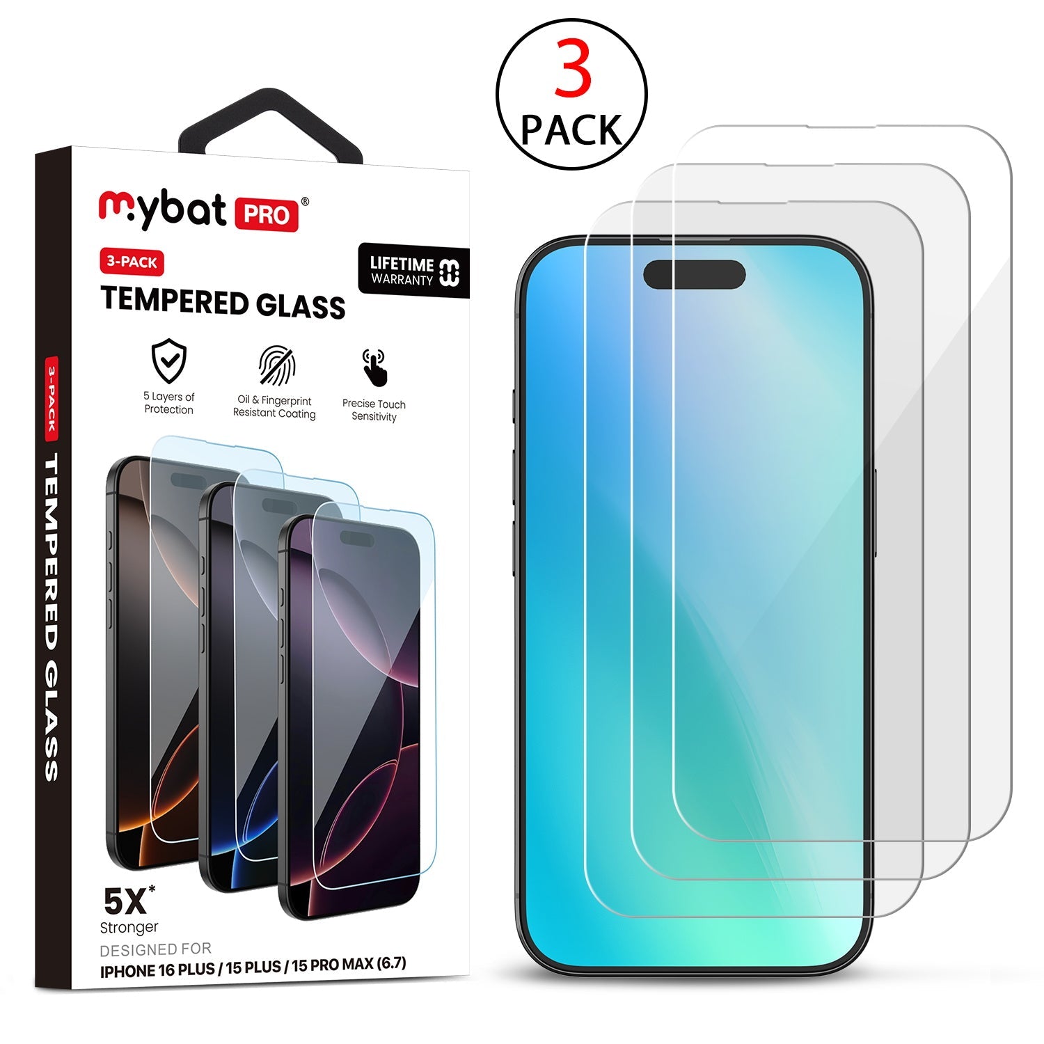 MyBat Pro Tempered Glass Screen Protector (2.5D)(3-pack) for Apple iPhone 16 Plus/iPhone 15 Pro Max / 15 Plus - Clear