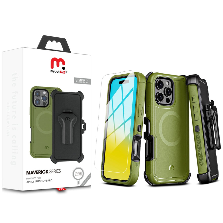MyBat Pro Maverick Series MagSafe Case w/ Holster and Tempered Glass for Apple iPhone 16 Pro - Army Green