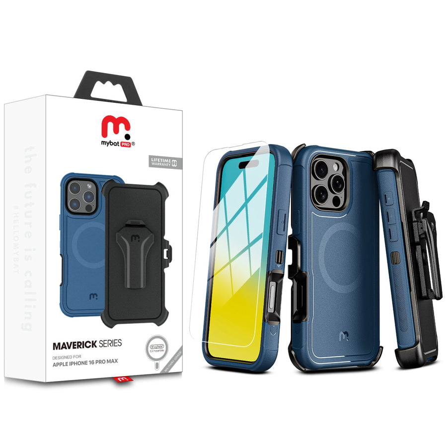 MyBat Pro Maverick Series MagSafe Case w/ Holster and Tempered Glass for Apple iPhone 16 Pro Max - Blue