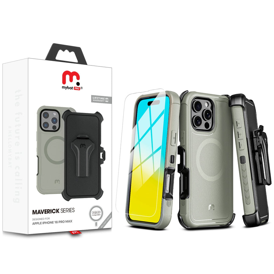 MyBat Pro Maverick Series MagSafe Case w/ Holster and Tempered Glass for Apple iPhone 16 Pro Max - Grey