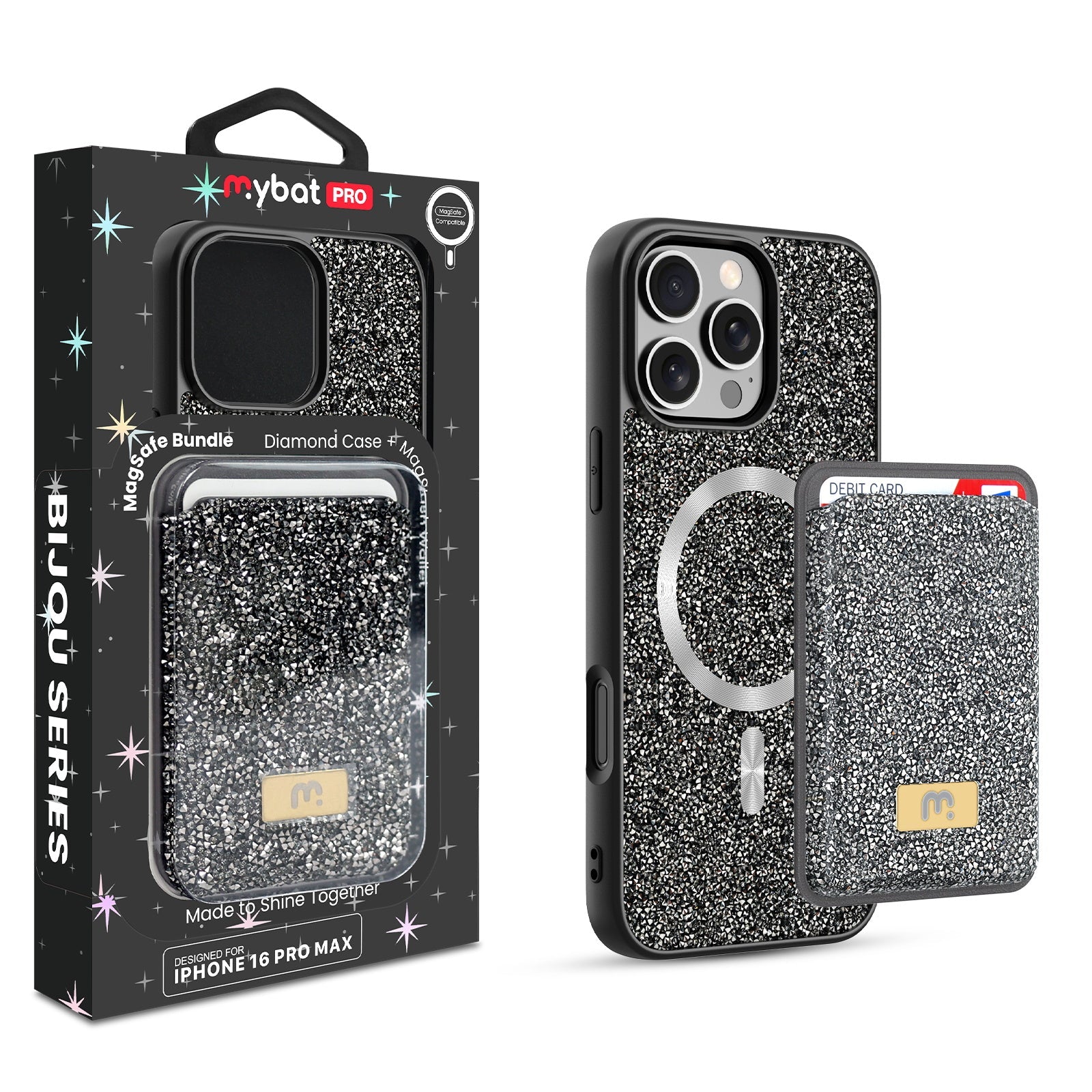 MyBat Pro Bijou Series MagSafe Bundle with Diamond Case + MagStash Wallet for Apple iPhone 16 Pro Max - Graphite Smoke
