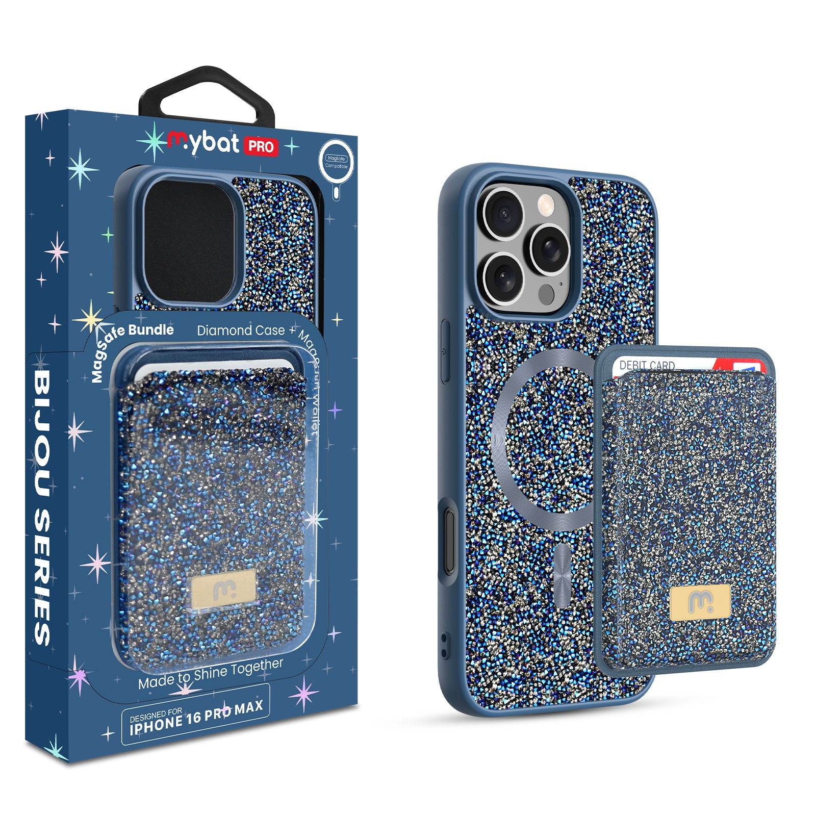MyBat Pro Bijou Series MagSafe Bundle with Diamond Case + MagStash Wallet for Apple iPhone 16 Pro Max - Sapphire Blue