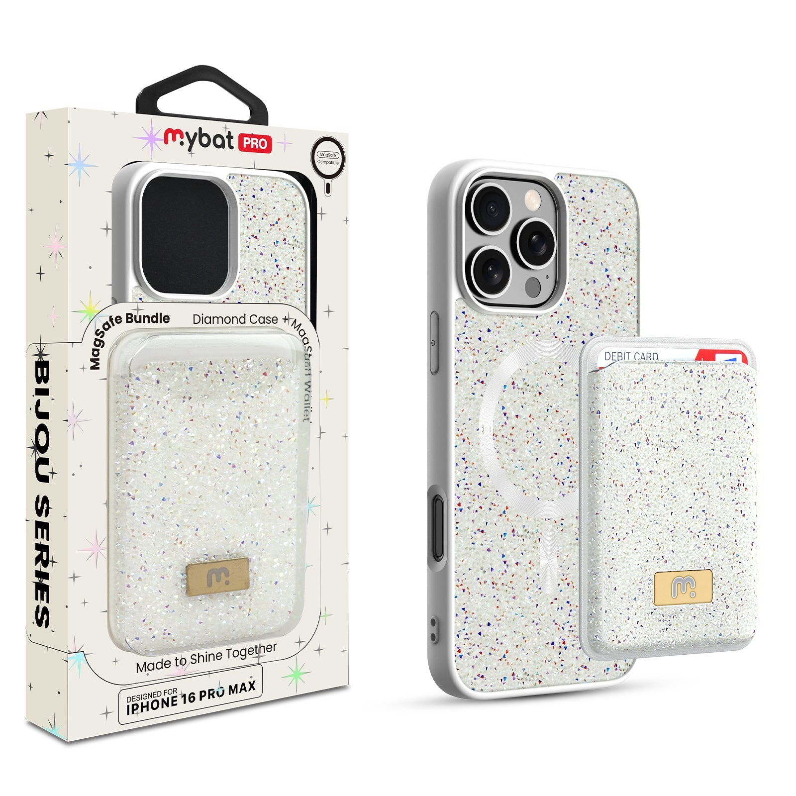 MyBat Pro Bijou Series MagSafe Bundle with Diamond Case + MagStash Wallet for Apple iPhone 16 Pro Max - Pearl White