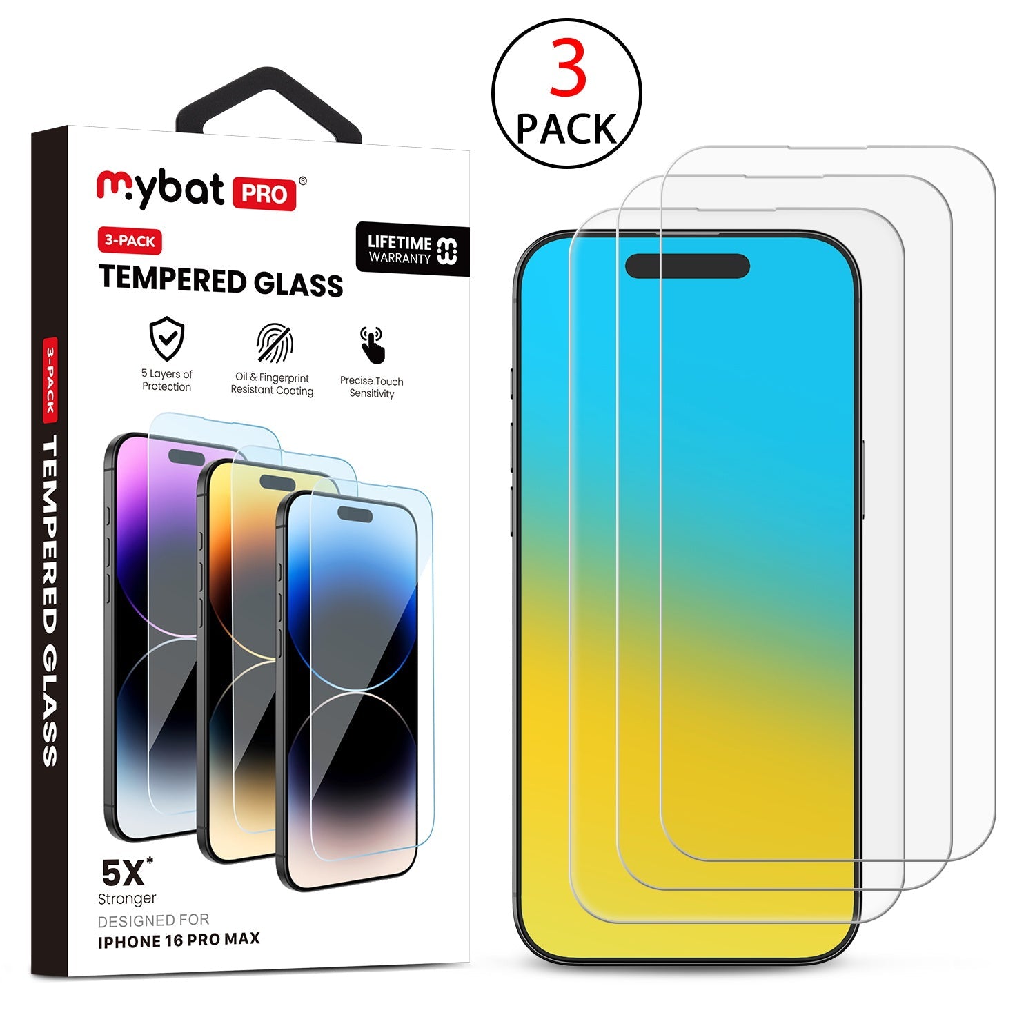 MyBat Pro Tempered Glass Screen Protector (2.5D)(3-pack) for Apple iPhone 16 Pro Max - Clear