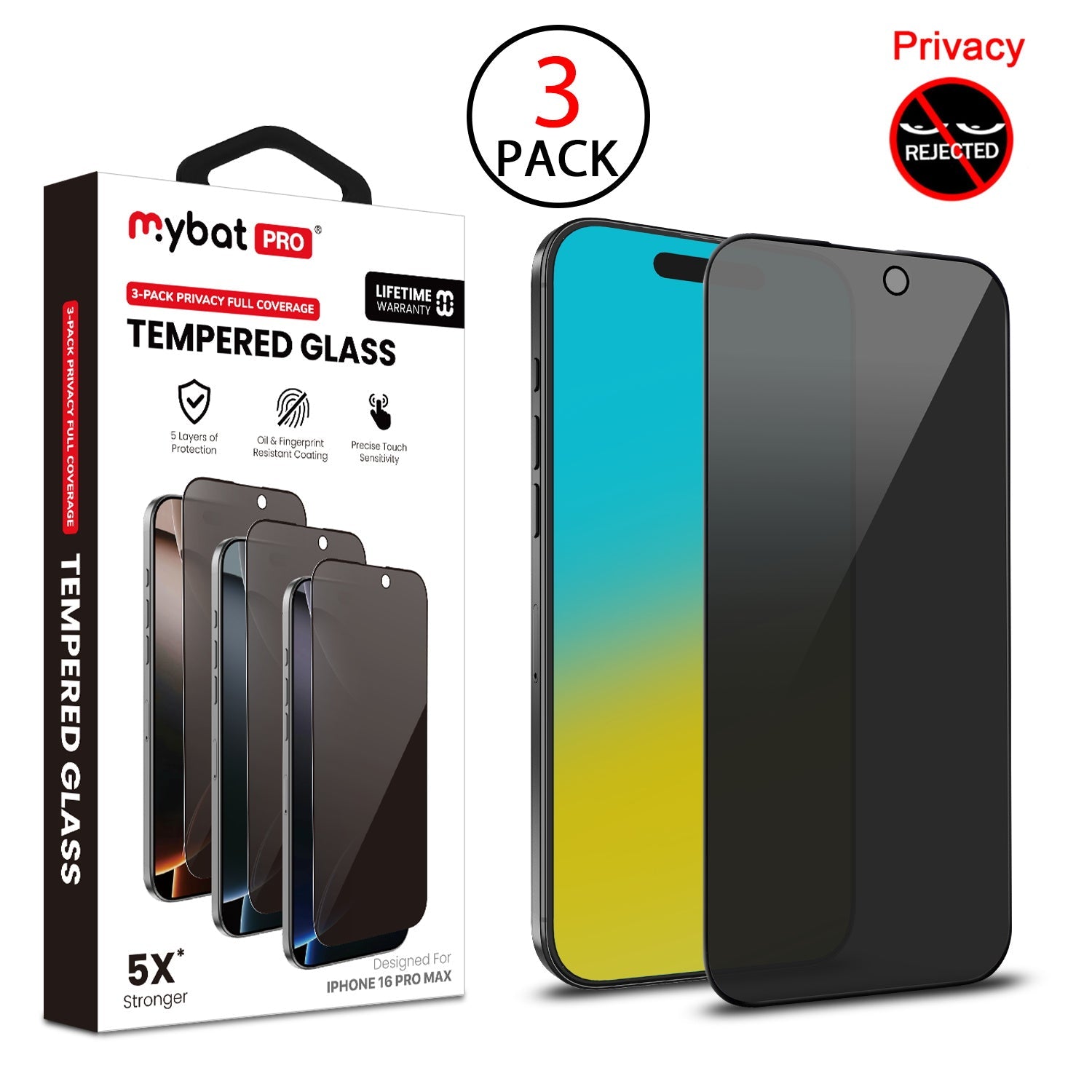 MyBat Pro Privacy Full Coverage Tempered Glass Screen Protector (3-pack) for Apple iPhone 16 Pro Max - Black