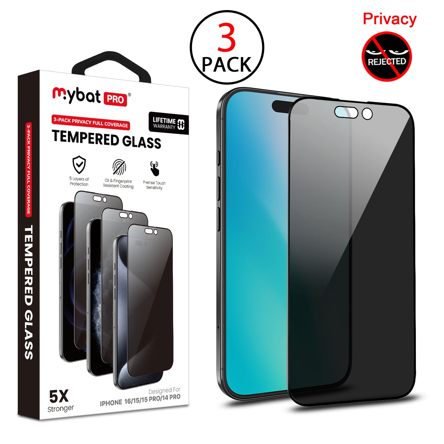 MyBat Pro Privacy Full Coverage Tempered Glass Screen Protector (3-pack) for Apple iPhone 16 / 15 / 15 Pro / 14 Pro - Black
