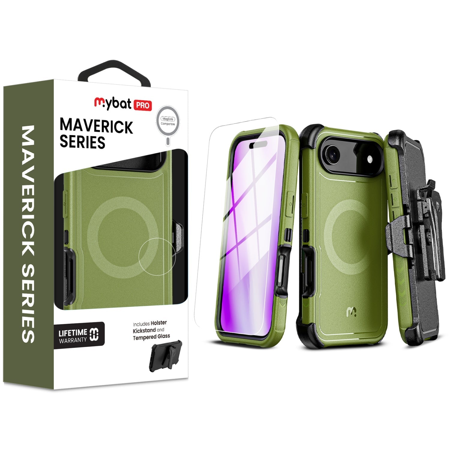 MyBat Pro Maverick Series MagSafe Case w/ Holster and Tempered Glass for Apple iPhone Air - Army Green