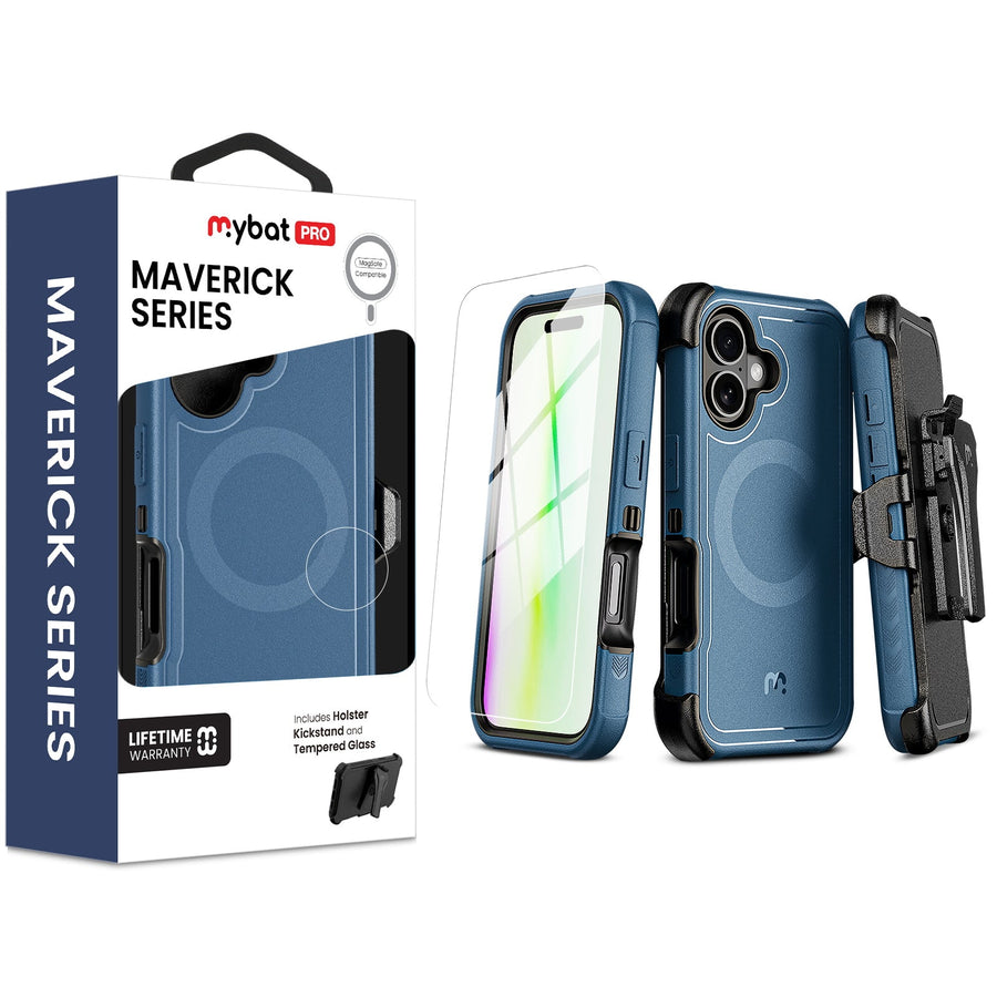 MyBat Pro Maverick Series MagSafe Case w/ Holster and Tempered Glass for Apple iPhone 17 - Blue