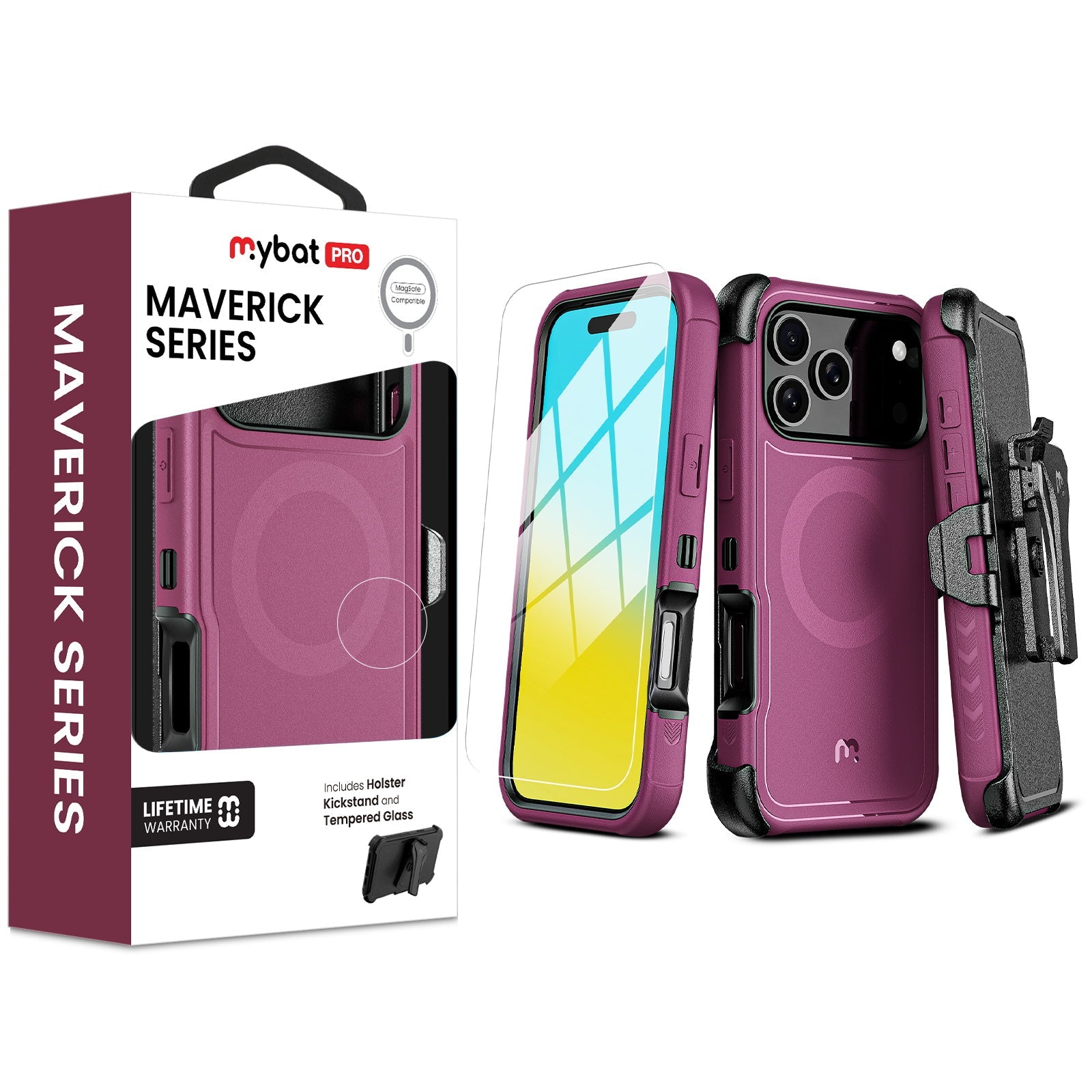 MyBat Pro Maverick Series MagSafe Case w/ Holster and Tempered Glass for Apple iPhone 17 Pro - Plum