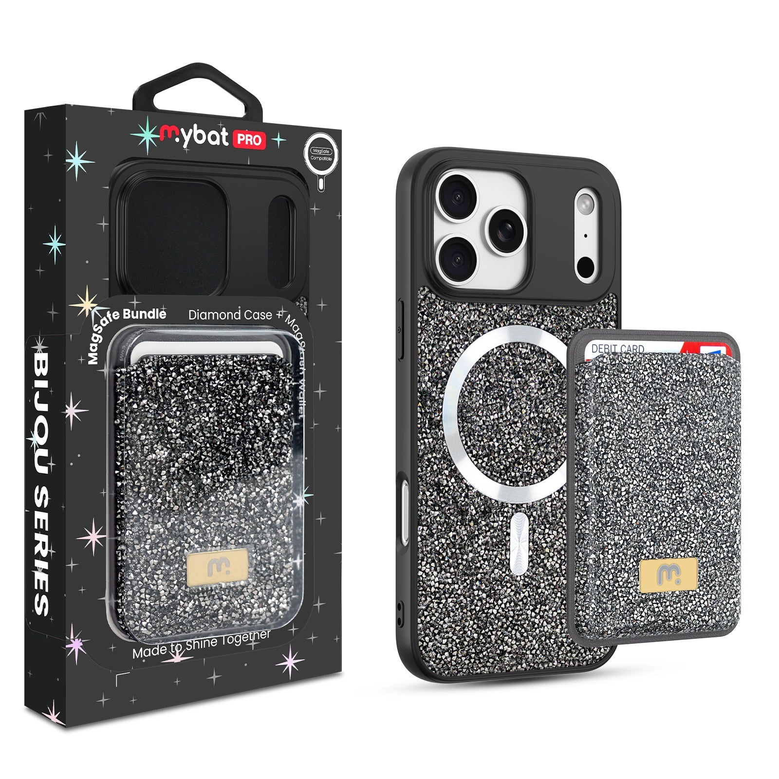 MyBat Pro Bijou Series MagSafe Bundle with Diamond Case + MagStash Wallet for Apple iPhone 17 Pro - Graphite Smoke