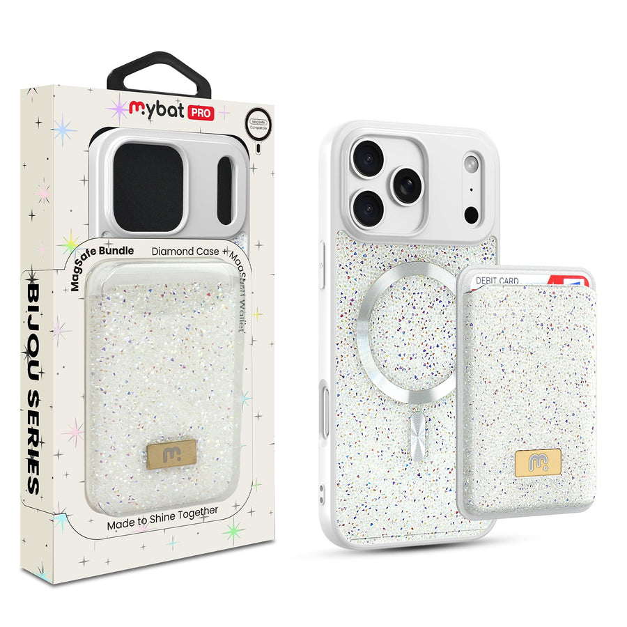 MyBat Pro Bijou Series MagSafe Bundle with Diamond Case + MagStash Wallet for Apple iPhone 17 Pro - Pearl White