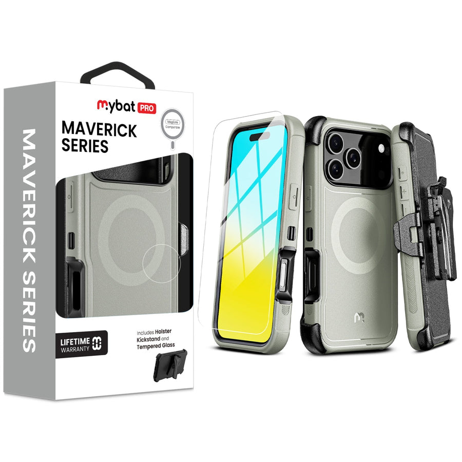 MyBat Pro Maverick Series MagSafe Case w/ Holster and Tempered Glass for Apple iPhone 17 Pro Max - Grey