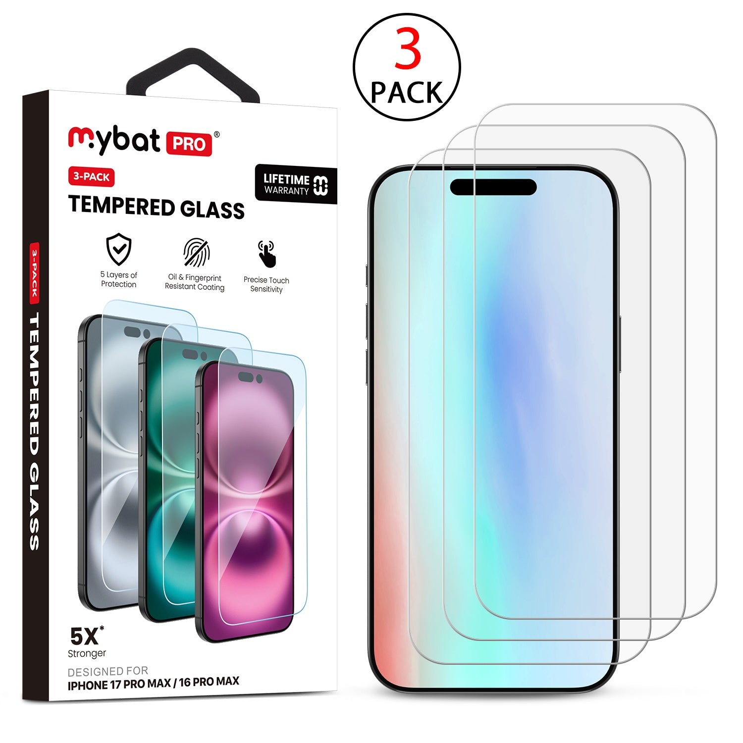 MyBat Pro Tempered Glass Screen Protector (2.5D)(3-pack) for Apple iPhone 17 Pro Max / 16 Pro Max - Clear