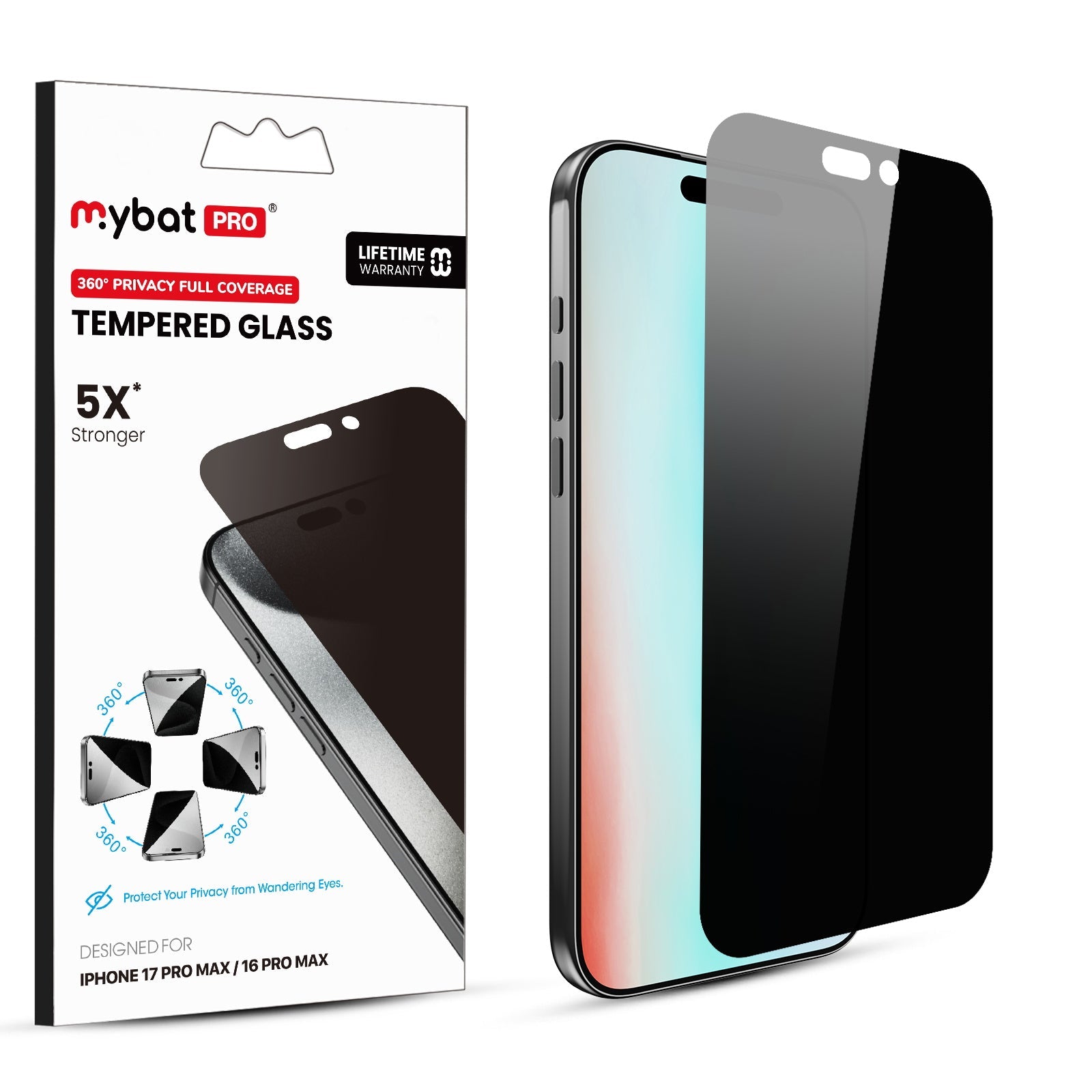 MyBat Pro 360° Privacy Full Coverage Tempered Glass for Apple iPhone 17 Pro Max / 16 Pro Max - Black