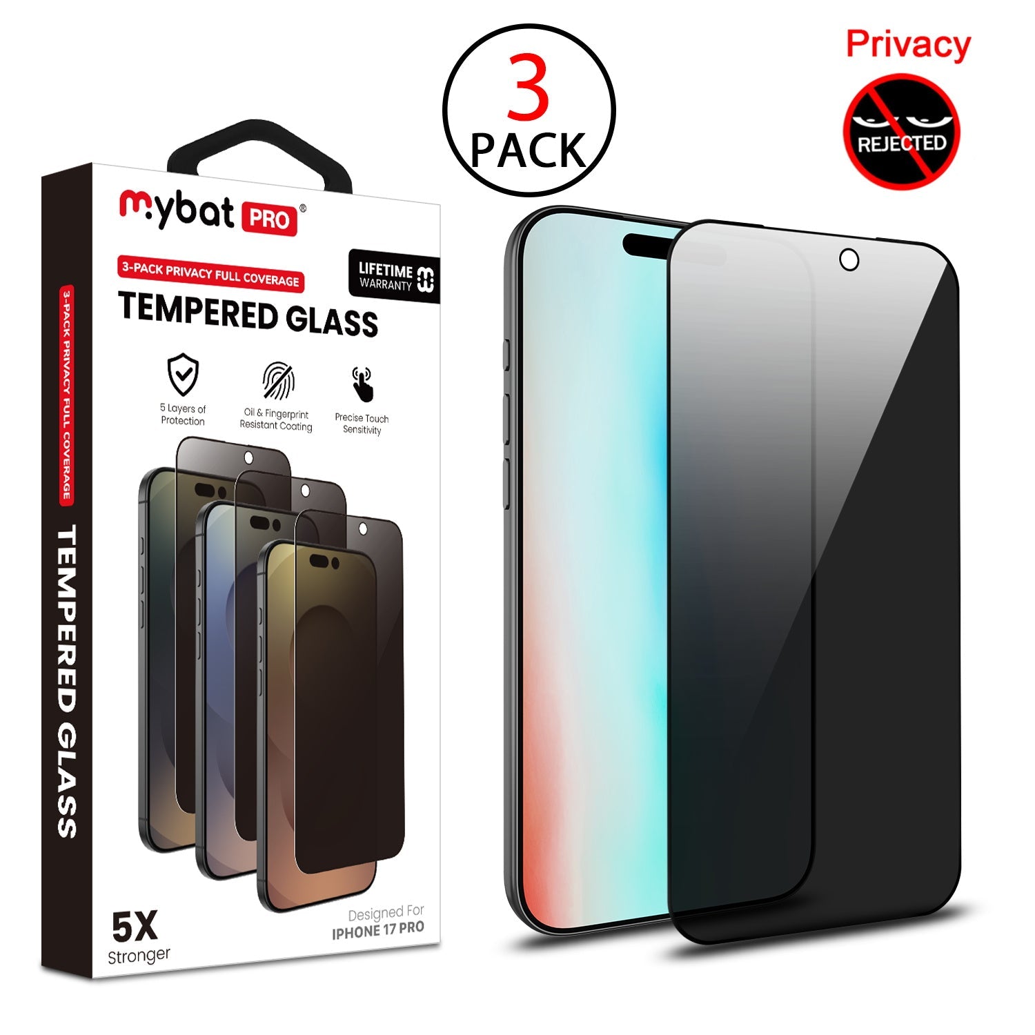 MyBat Pro Privacy Full Coverage Tempered Glass Screen Protector (3-pack) for Apple iPhone 17 Pro - Black