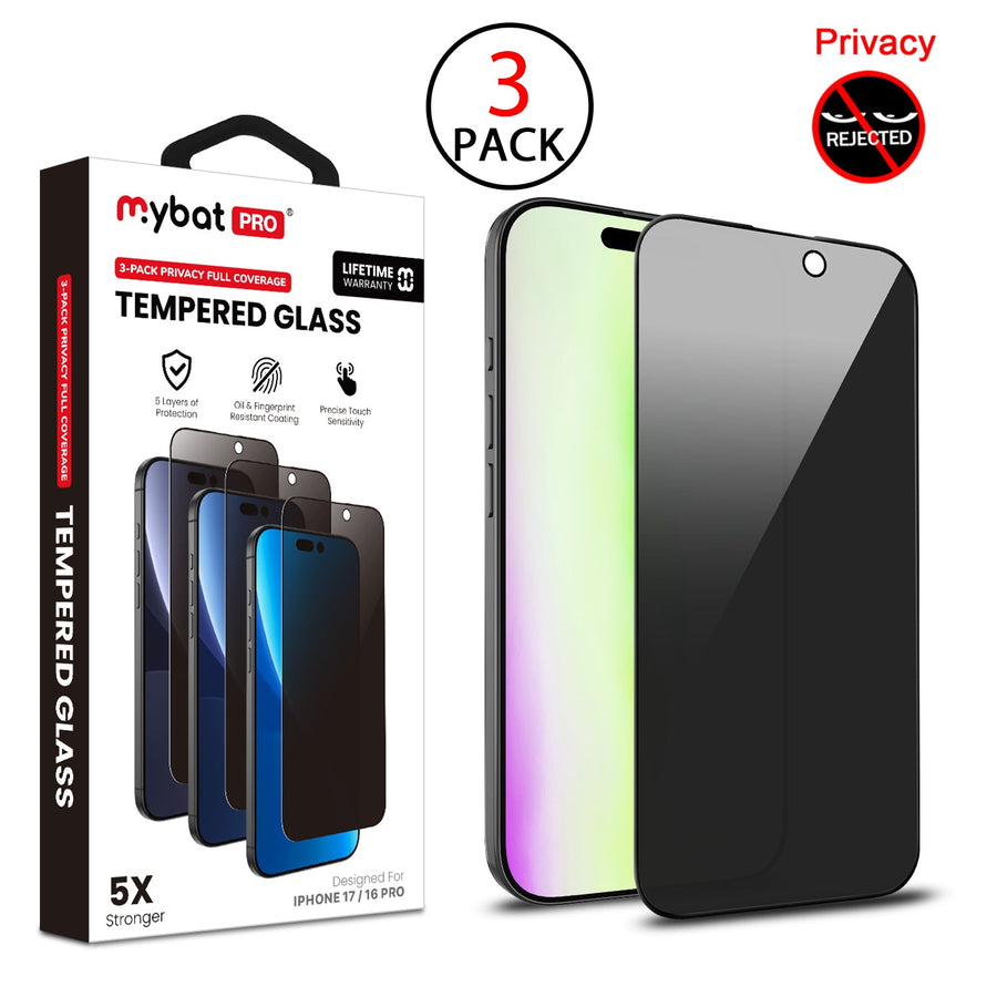 MyBat Pro Privacy Full Coverage Tempered Glass Screen Protector (3-pack) for Apple iPhone 17 / 16 Pro - Black
